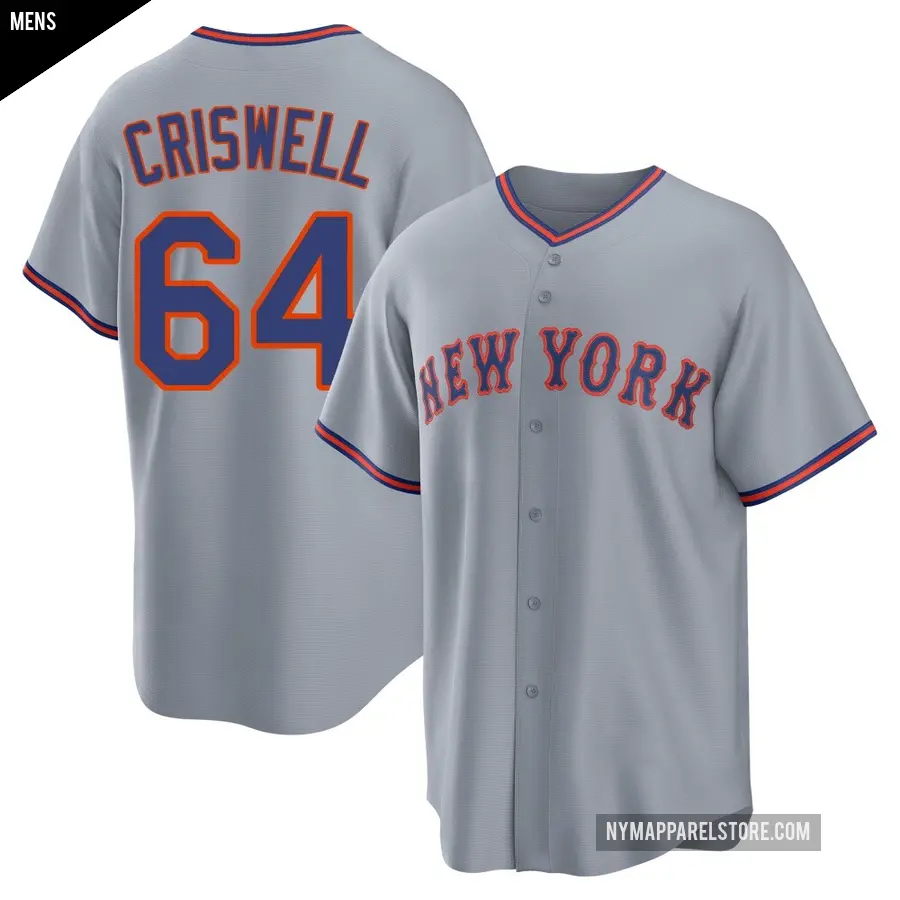 Men's New York Mets ＃64 Cooper Criswell Replica Gray Away 2.0 Jersey