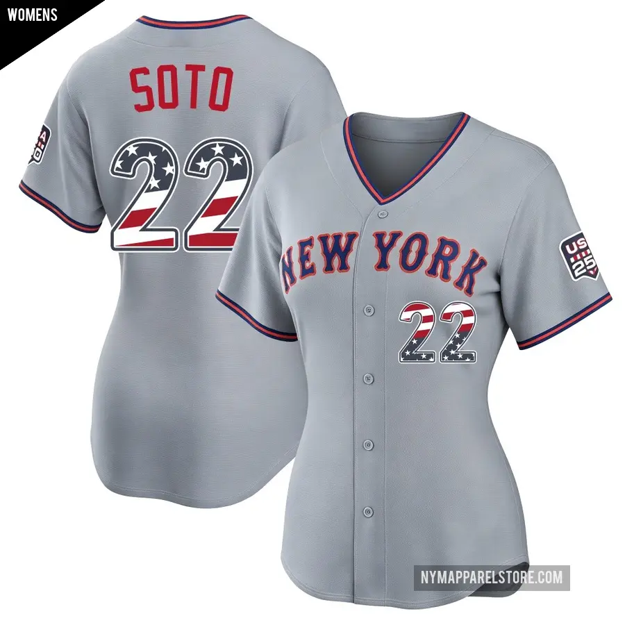 Women's New York Mets ＃22 Juan Soto Limited Gray USA 250 Fourth Of July Road Stadium Jersey