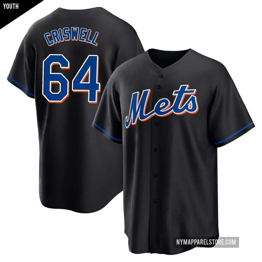 Youth New York Mets ＃64 Cooper Criswell Replica Black 2022 Alternate Jersey