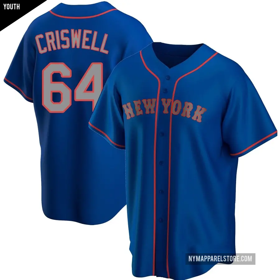 Youth New York Mets ＃64 Cooper Criswell Replica Royal Alternate Road Jersey