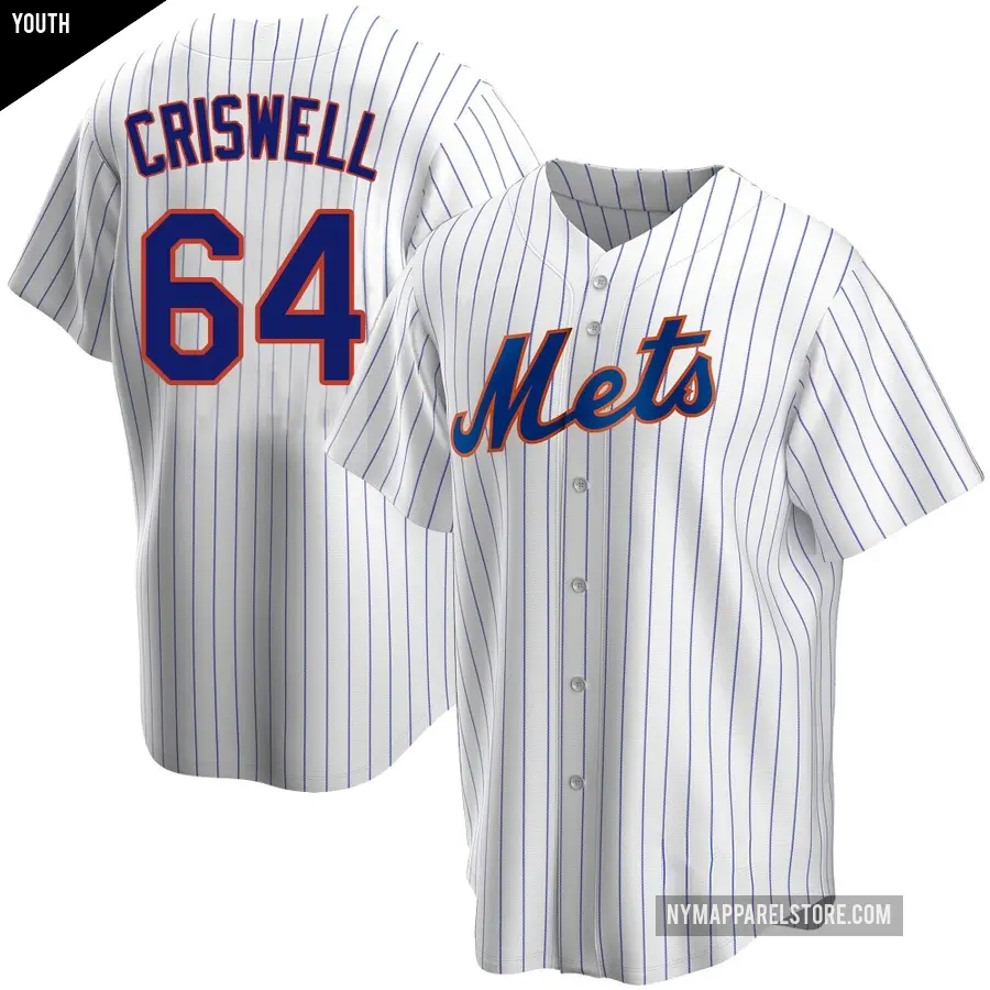 Youth New York Mets ＃64 Cooper Criswell Replica White Home Jersey
